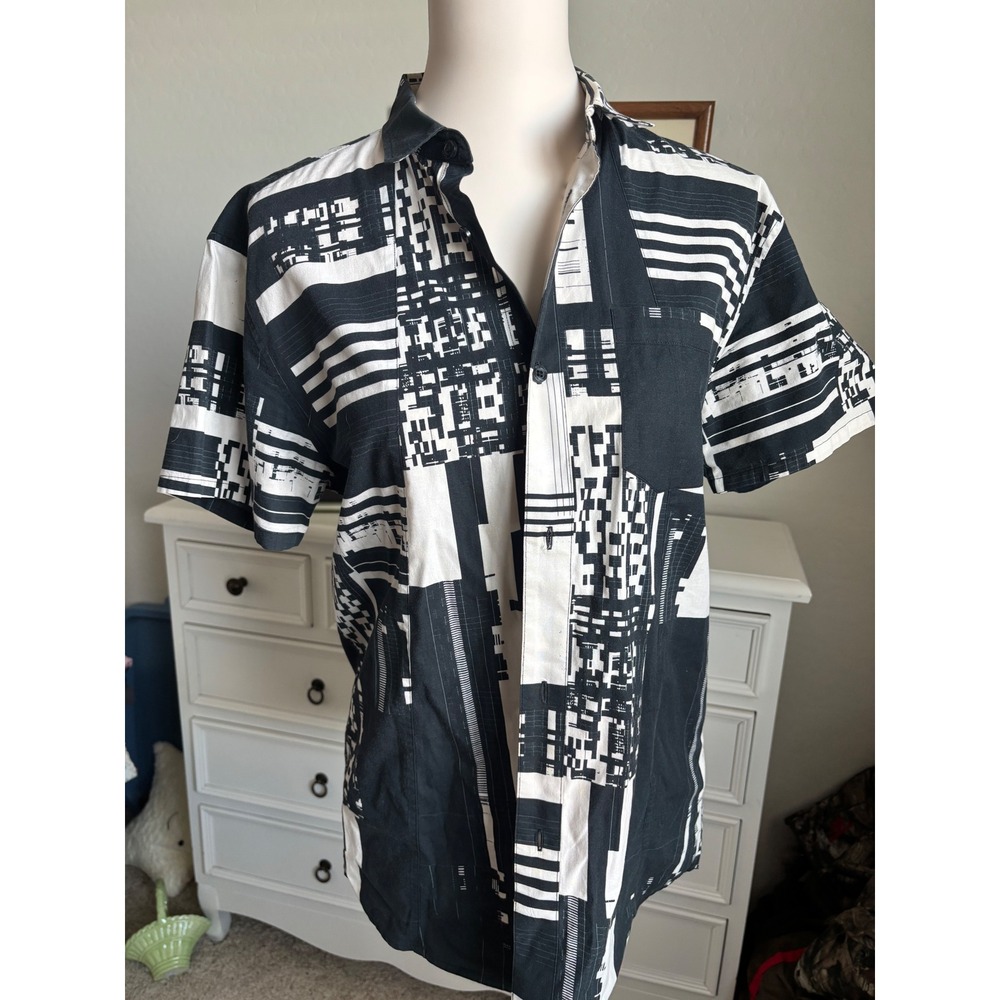 Dope Mens Streetwear Shirt Black White Geometric Abstract Graphic Button Up